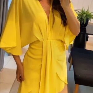 Bright Yellow V-Neck Draped Midi Dress